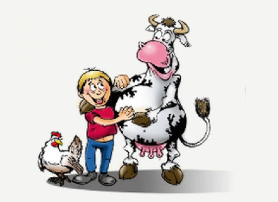 Dessin-logo de la Ferme Pédagogique de Liart dans les Ardennes avec un petit garçon, une poule et une vache